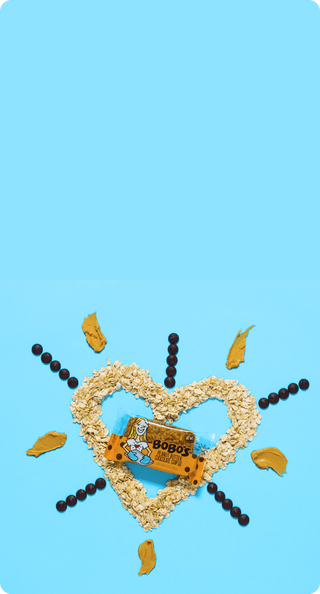 Oats laid out in the shape of a heart with the Peanut Butter Chocolate Chip bar in the center on a light blue backdrop