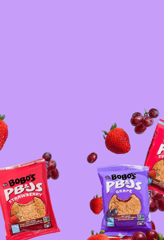 Bobo's PB&Js Oat Crusts displayed on a purple background